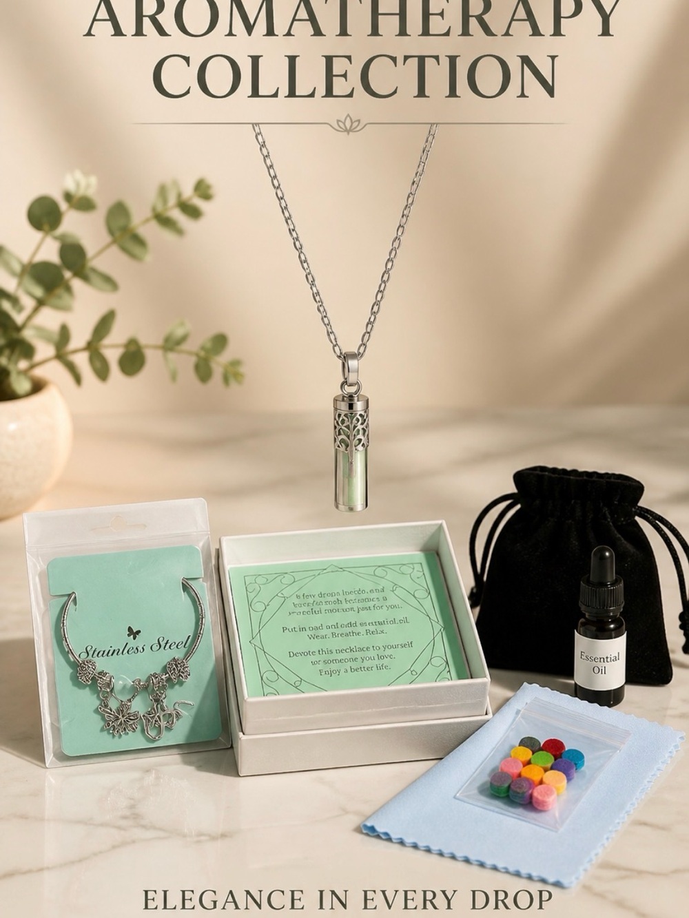Calming Silver Aromatherapy Pendant Necklace with Colored Felt Refill Set NWT - Picture 2 of 4